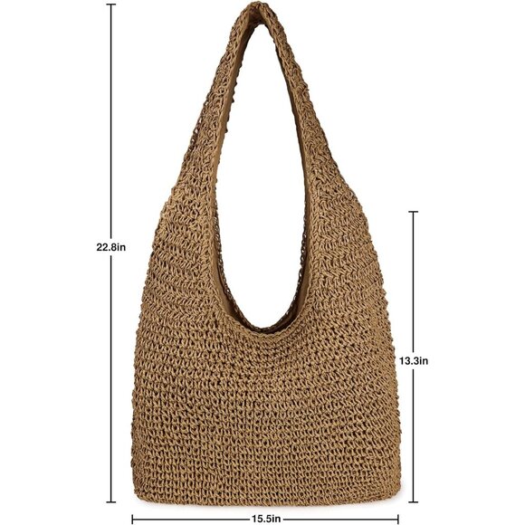 Women's Brown Large Straw Beach Bag Handmade Woven Shoulder Hobo Tote Handbag - Picture 4 of 5